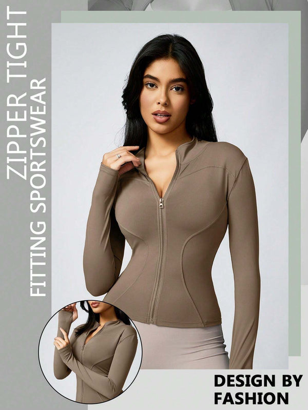 1Pc Women'S Solid Color Thumb Hole Sun Protection Elastic Yoga Sports Jacket Yoga Daily Fall