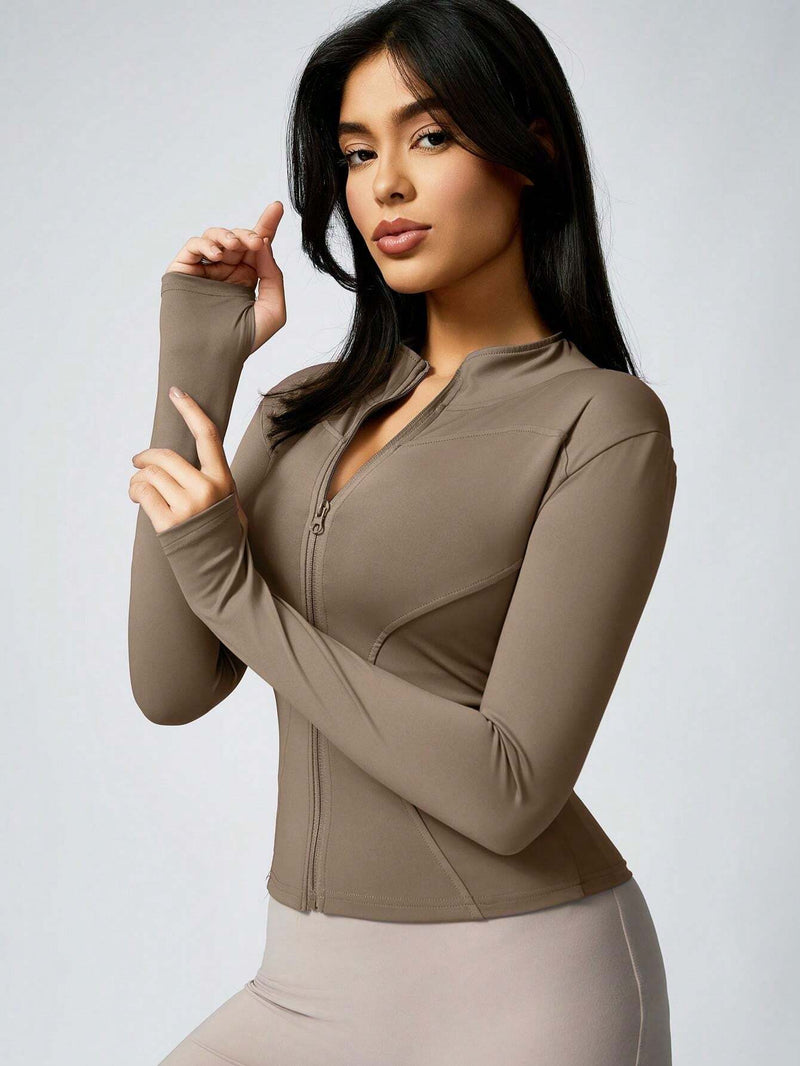 1Pc Women'S Solid Color Thumb Hole Sun Protection Elastic Yoga Sports Jacket Yoga Daily Fall