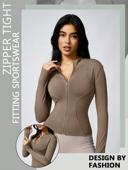1Pc Women'S Solid Color Thumb Hole Sun Protection Elastic Yoga Sports Jacket Yoga Daily Fall