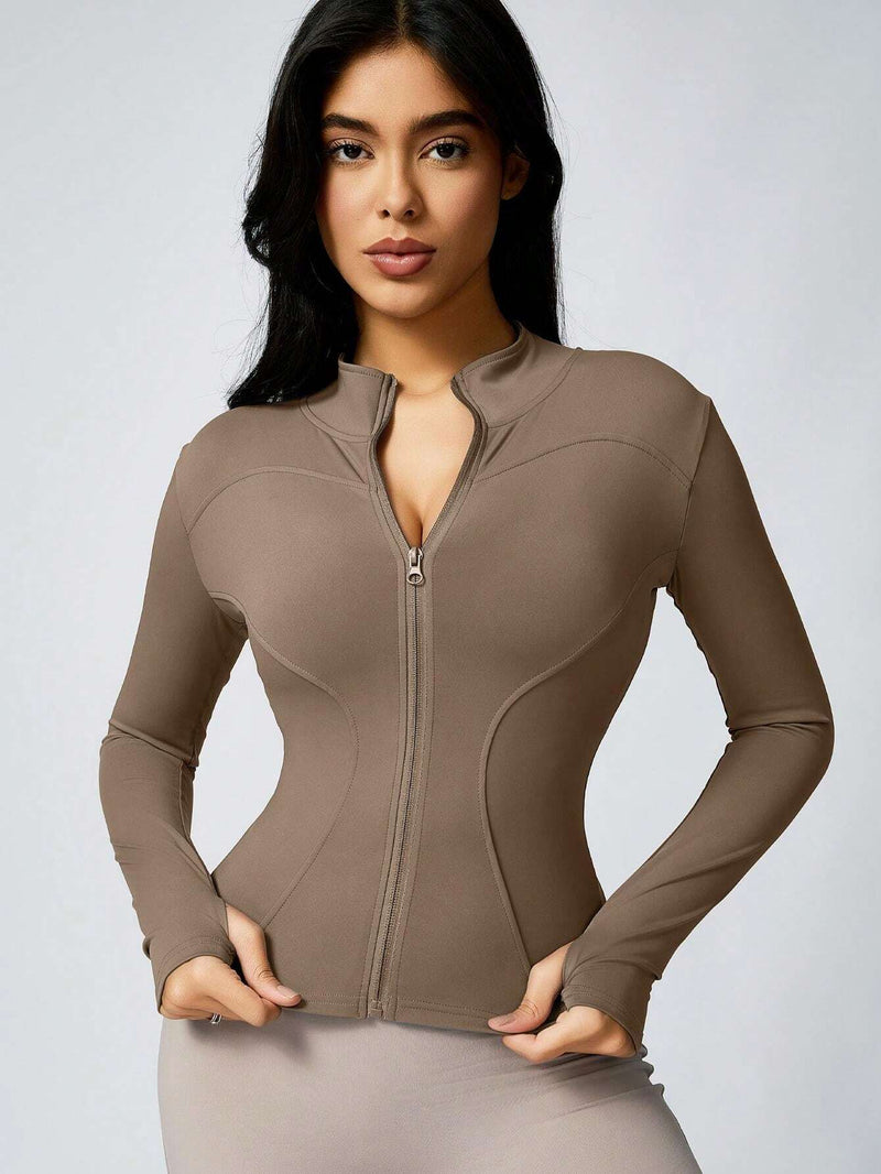 1Pc Women'S Solid Color Thumb Hole Sun Protection Elastic Yoga Sports Jacket Yoga Daily Fall